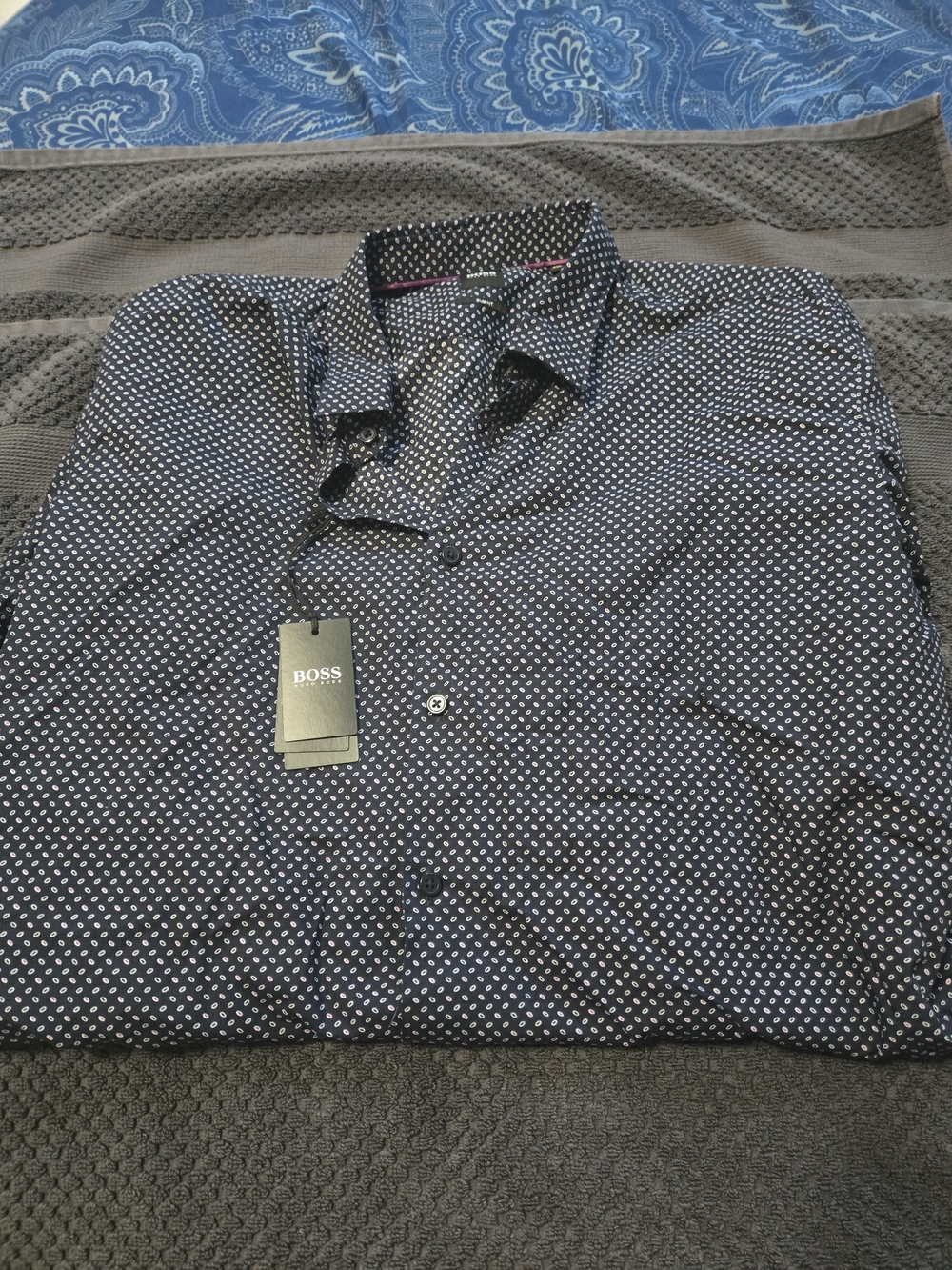 BOSS Men’s Navy Micro-Print Button-Down Shirt